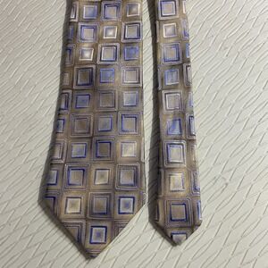 Claiborne Concepts Tie Tan/Gold/Blue diamond Geometric Silk Necktie 59"x3.5"